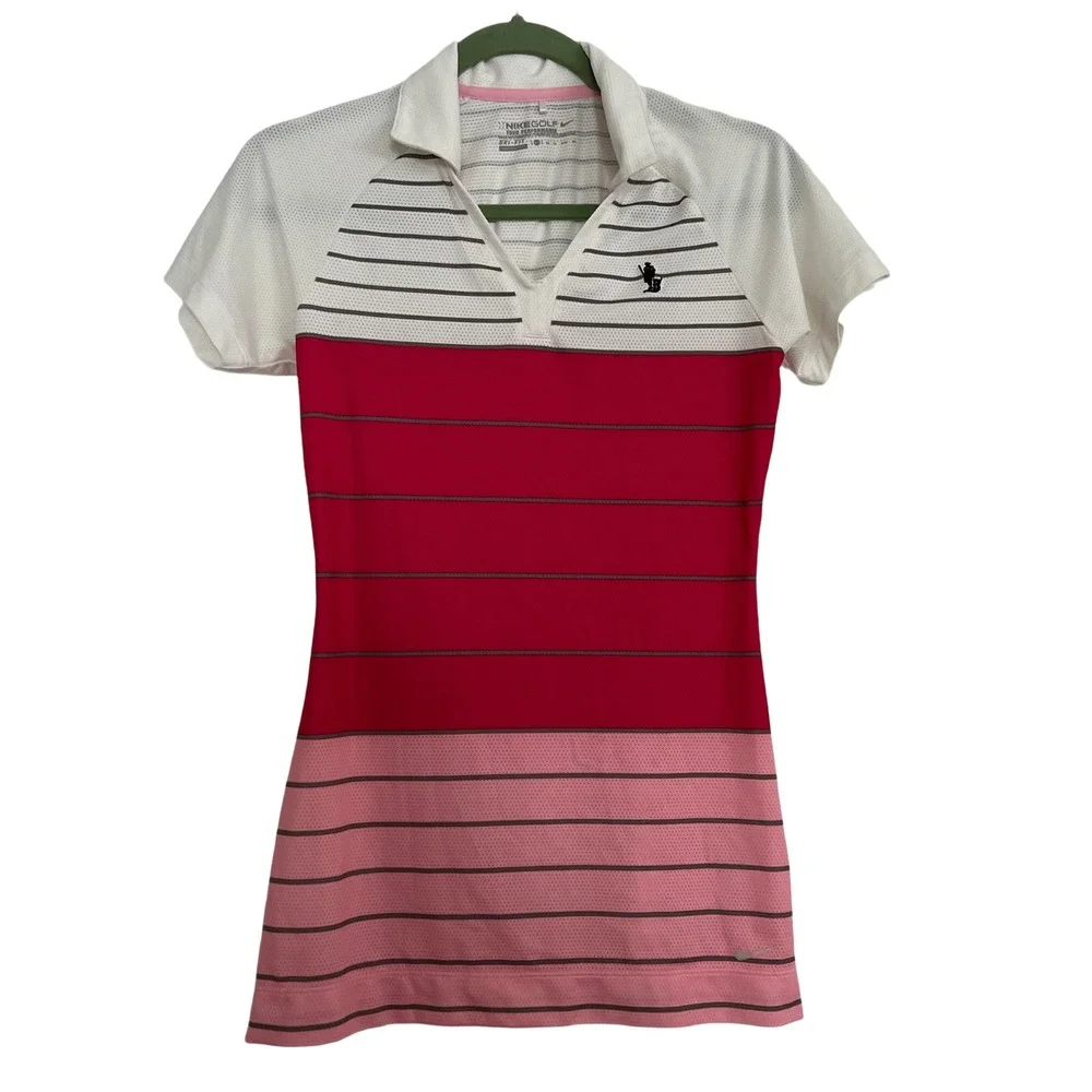 Nike Golf Tour Performance Dri-FIT Polo Shirt Pink White Striped Womens XS